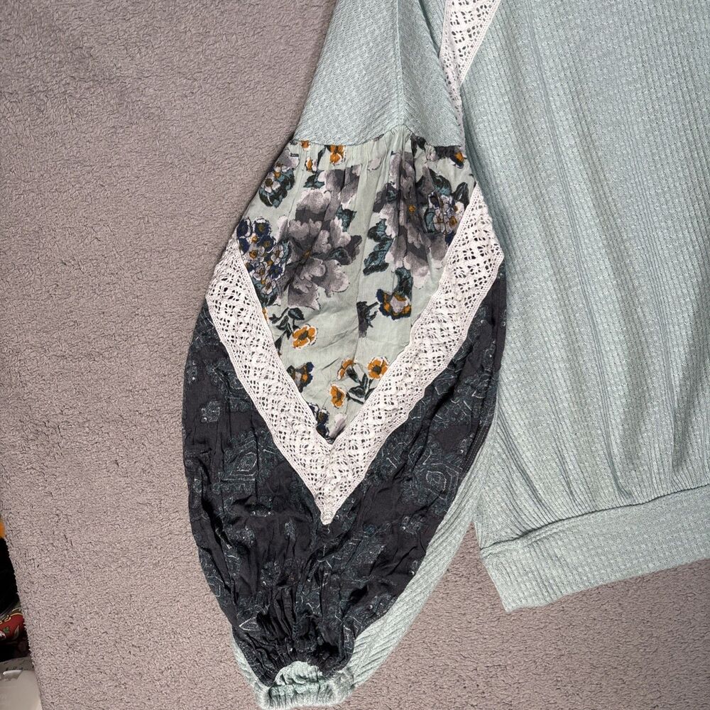 Free People Size M Casual Clash Top Thermal Knit Mutli Media Lace Seafoam Mint - Picture 4 of 13